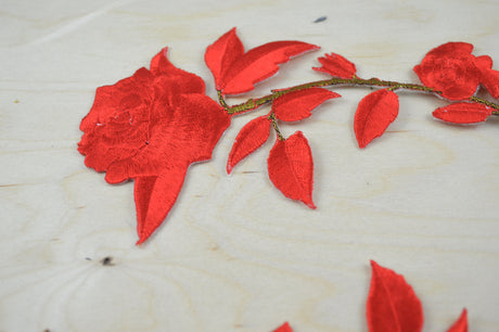 Embroidered Rose Applique Patch Red Iron-On