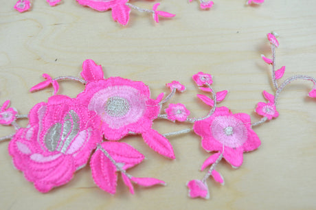 Embroidered Flower Patch Pink Silver