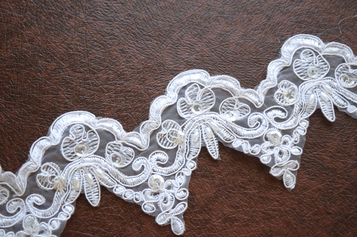 Beaded Bridal Lace Trim 2.5" White Ivory