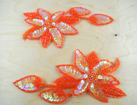 Beaded Flower Applique Tangerine Orange Iron-On