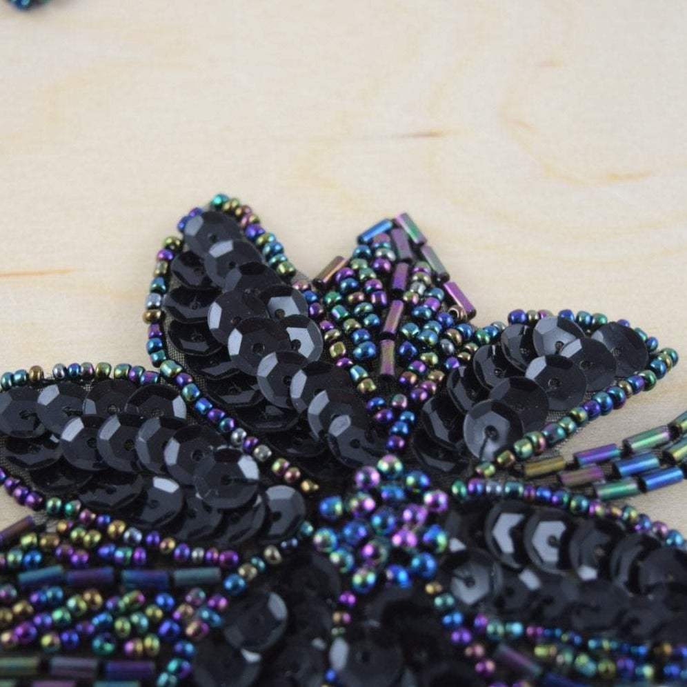Beaded Sequin Flower Applique Black Purple
