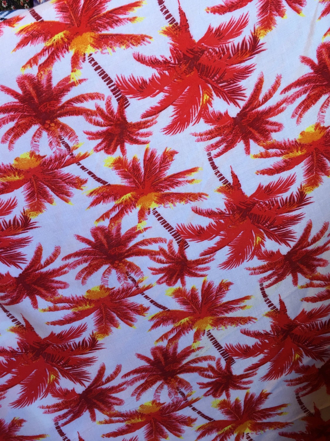 Rayon Challis Red Palm Trees Off White