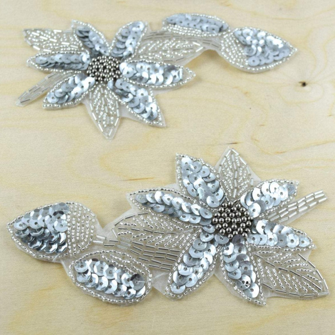 Flower Applique Silver Sequins Beads
