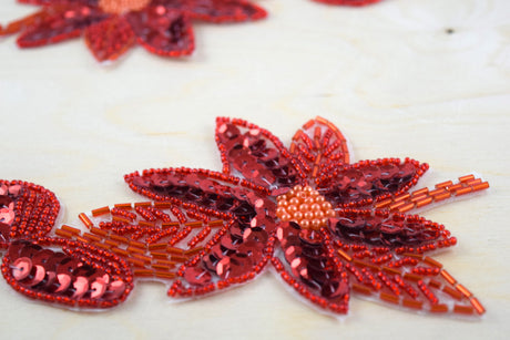Flower Applique Red Beaded Sequined Iron-On