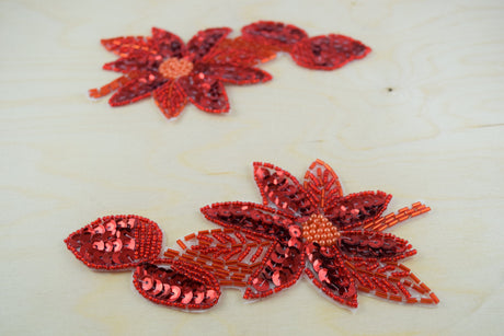 Flower Applique Red Beaded Sequined Iron-On