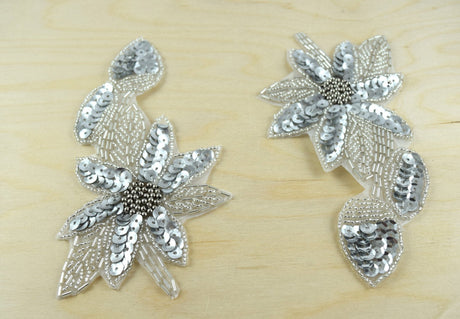 Flower Applique Silver Sequins Beads