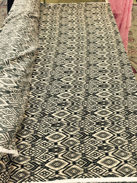 Rayon Challis Black and Tan Geometric Pattern