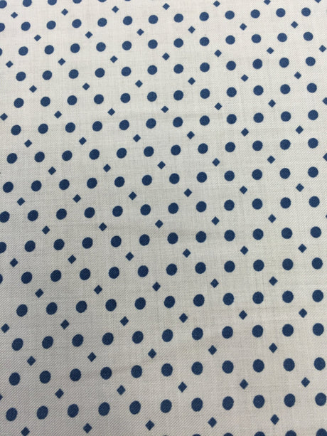 Rayon Challis Blue Dots on Off-White