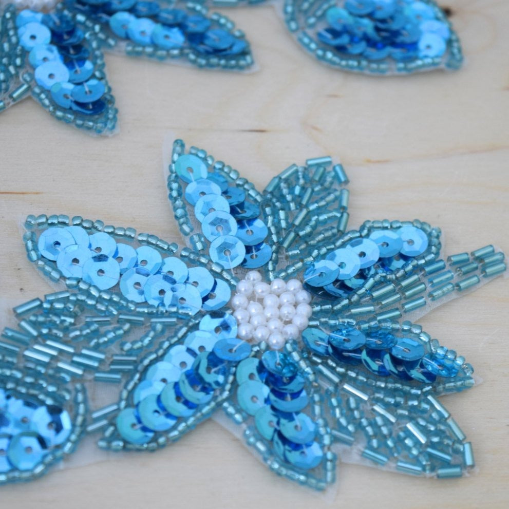 Flower Applique Beaded Aquamarine Iron-On