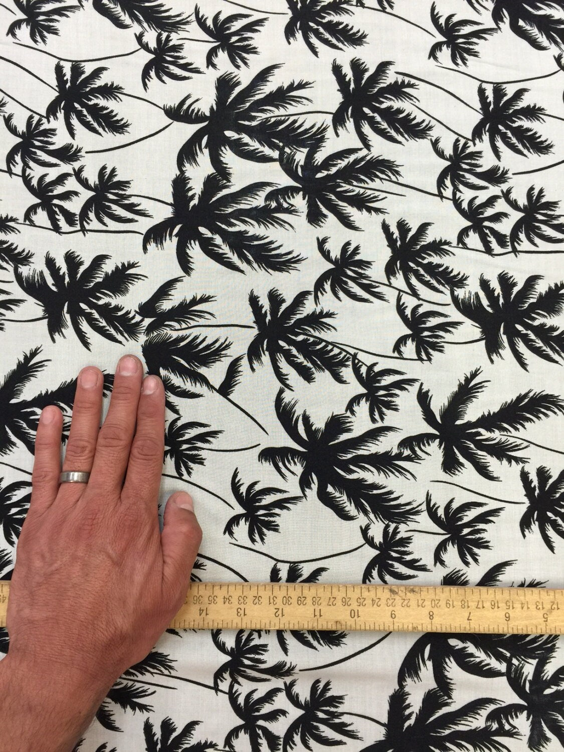 Rayon Challis Off-White Black Palm Trees
