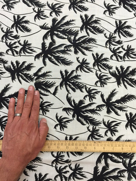 Rayon Challis Off-White Black Palm Trees