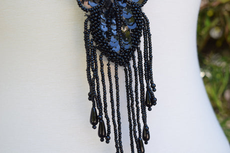 Beaded Applique Black Sweetheart Fringe