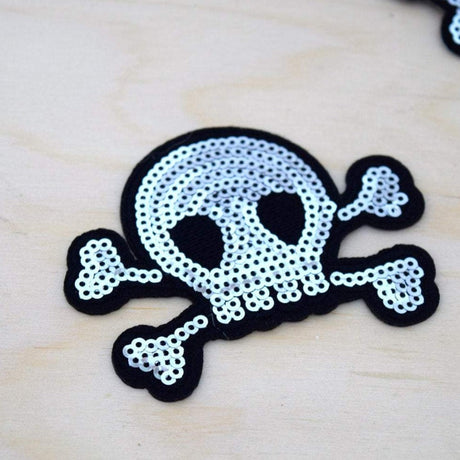 Skull Patch Silver Sequined Felt Iron-On