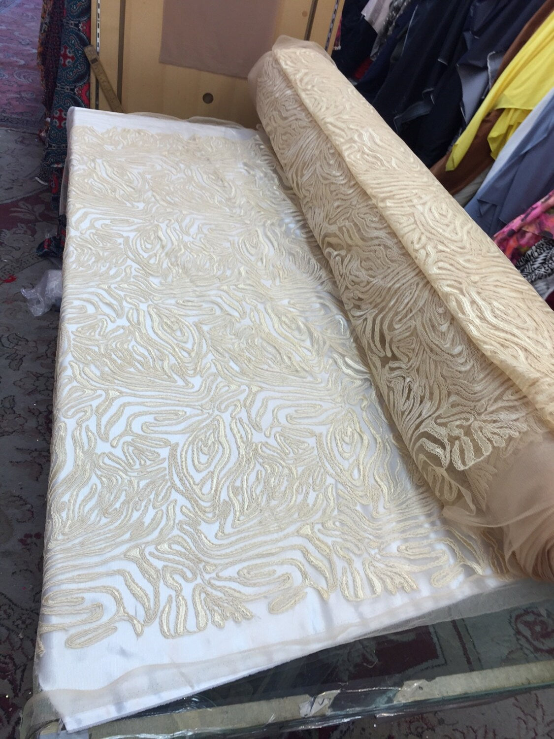 Embroidered Lace Mesh Fabric Champagne