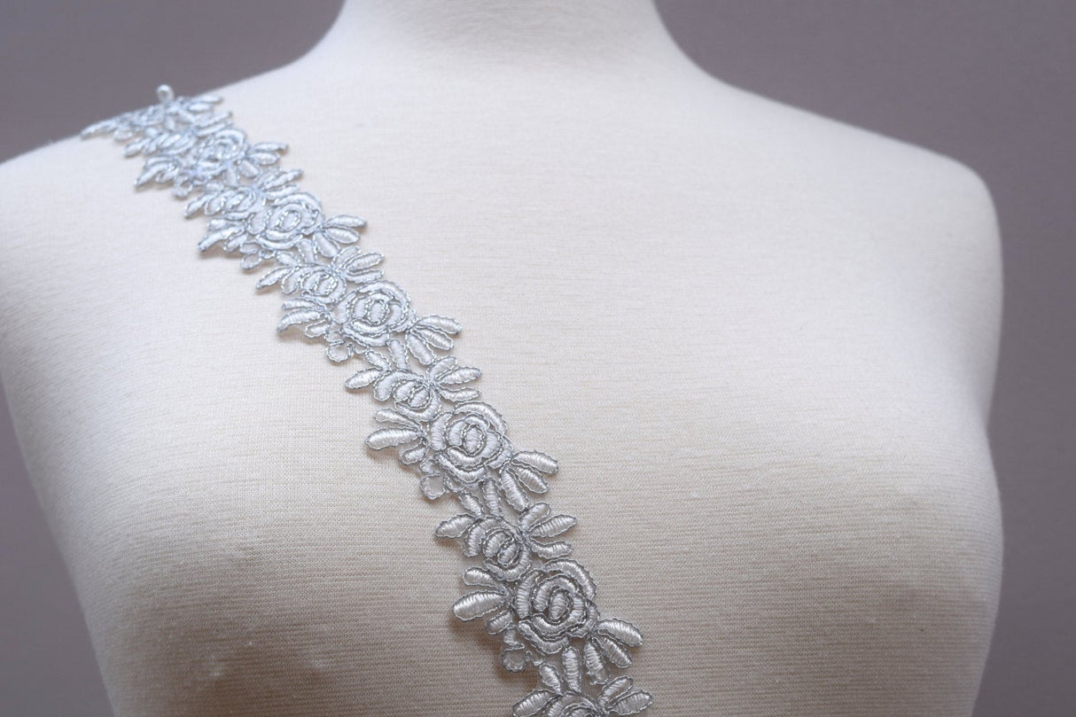 Bridal Lace Trim White Silver Rose
