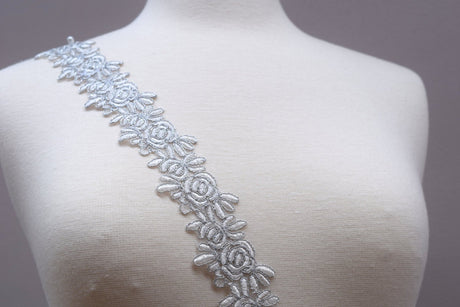Bridal Lace Trim White Silver Rose
