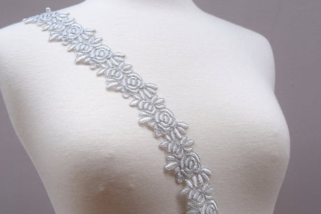 Bridal Lace Trim White Silver Rose