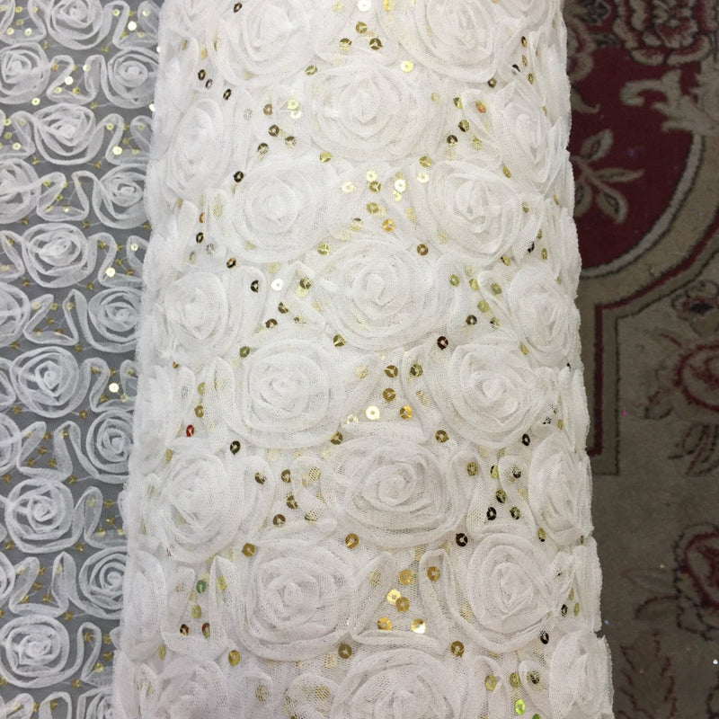 Sequin Lace Mesh Fabric Off White Rosettes Gold