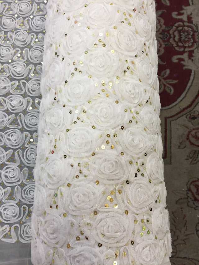 Sequin Lace Mesh Fabric Off White Rosettes Gold