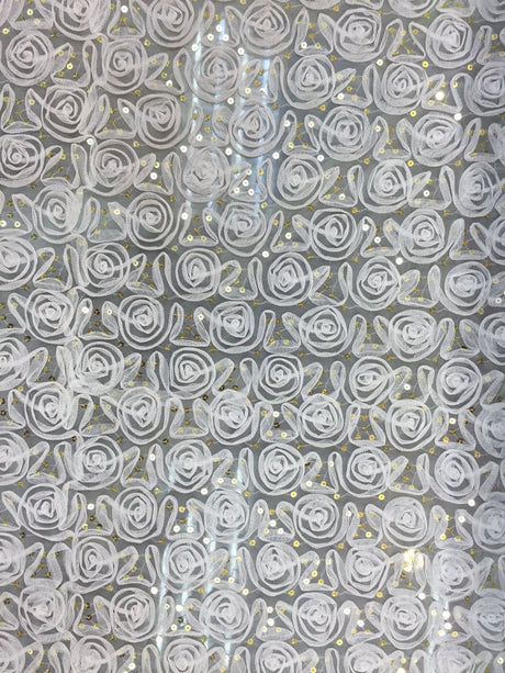 Sequin Lace Mesh Fabric Off White Rosettes Gold