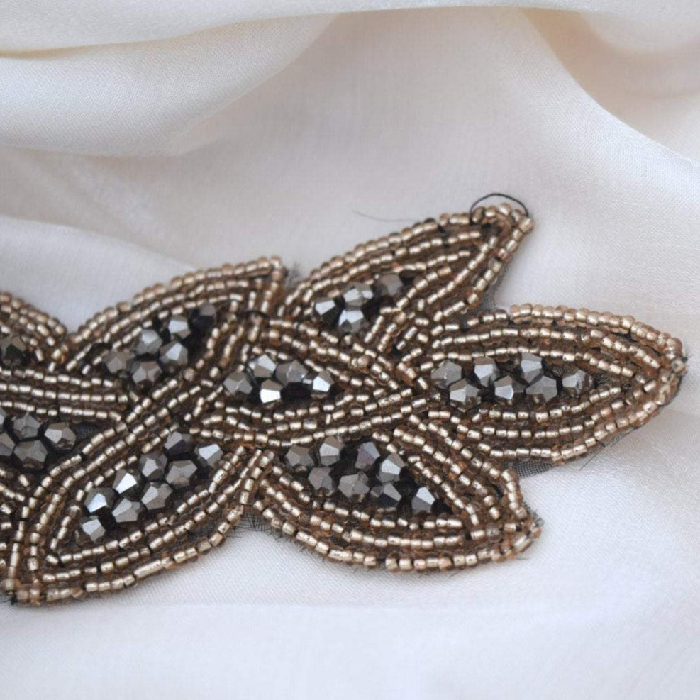 Beaded Applique Taupe Charcoal Iron-On Patch
