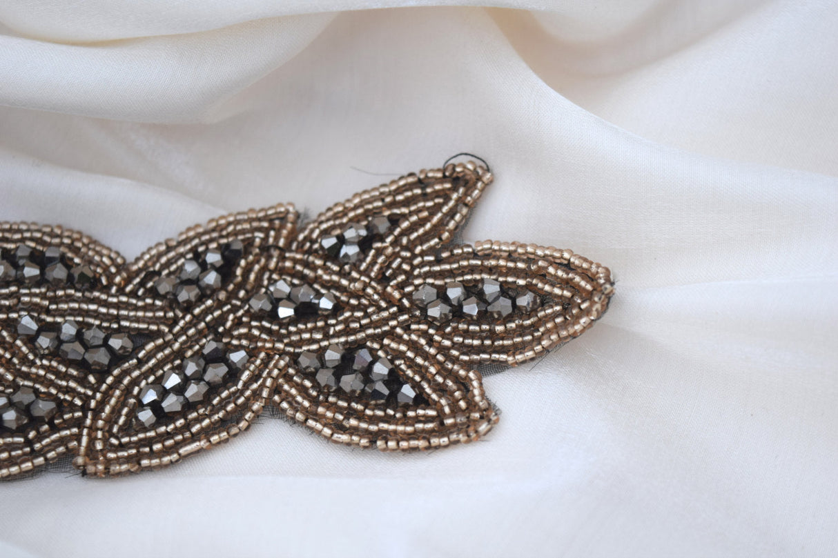 Beaded Applique Taupe Charcoal Iron-On Patch