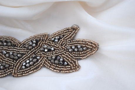 Beaded Applique Taupe Charcoal Iron-On Patch