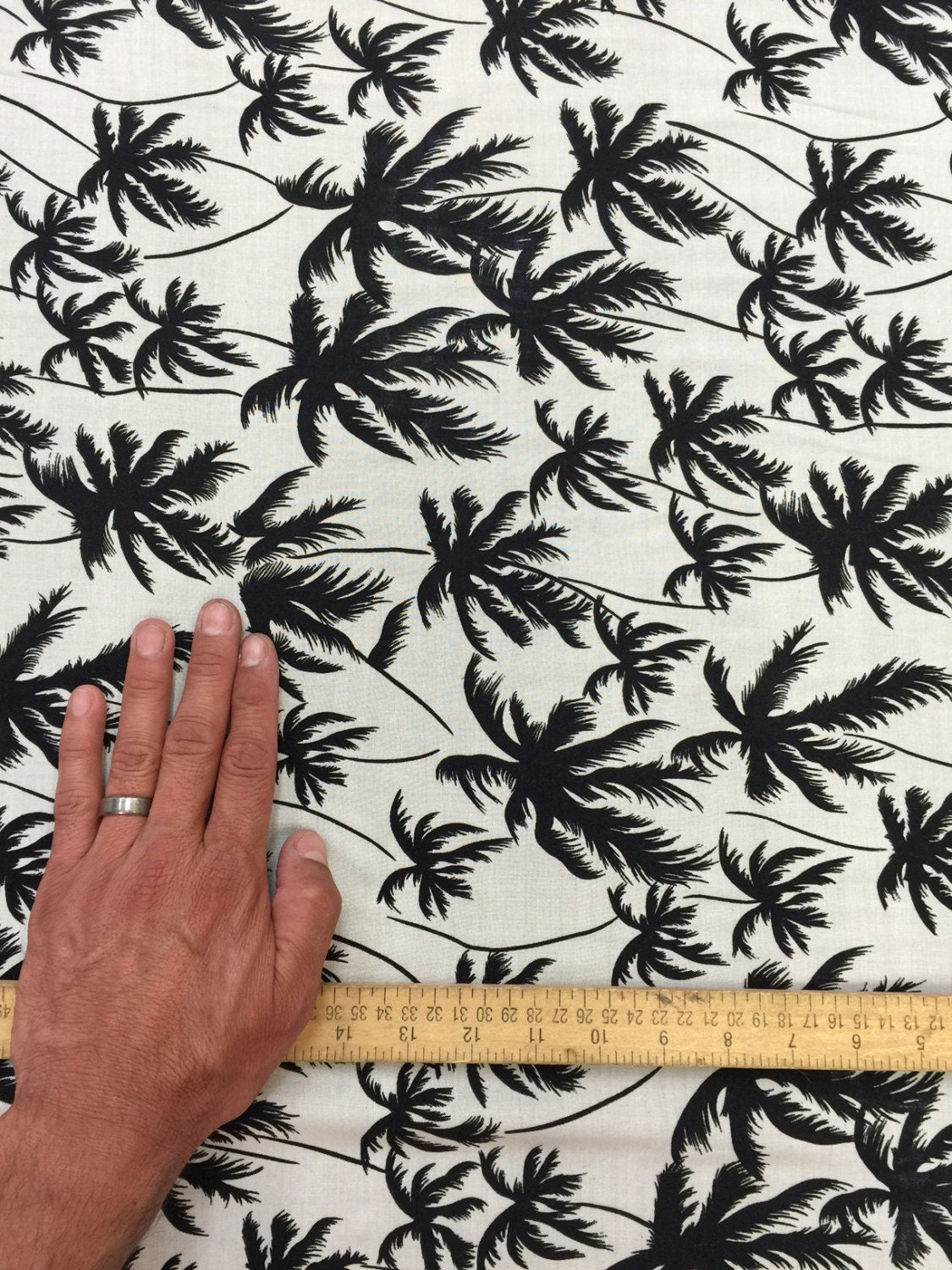 Rayon Challis Off-White Black Palm Trees