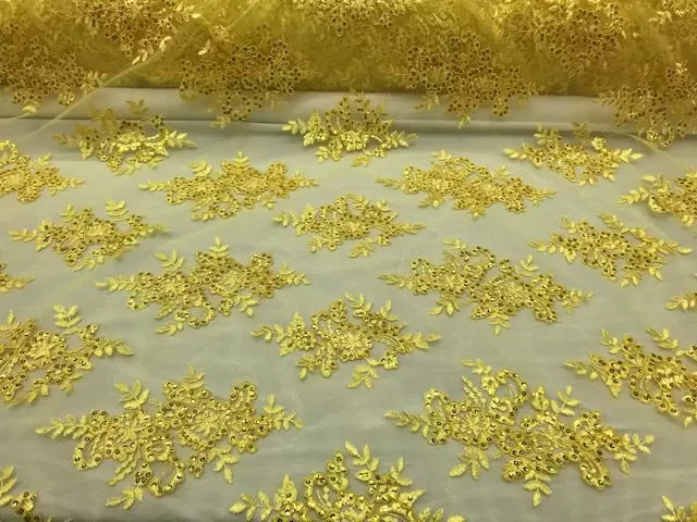 Sequin Lace Fabric With Embroideries On Mesh - 100 Percent Polyester Fabric, Double Scalloped Floral Lace, 51" Width (1 Yard)