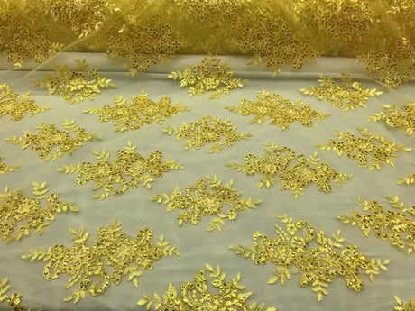 Sequin Lace Fabric With Embroideries On Mesh - 100 Percent Polyester Fabric, Double Scalloped Floral Lace, 51" Width (1 Yard)