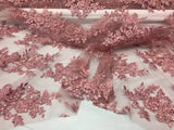 Sequin Lace Fabric With Embroideries On Mesh - 100 Percent Polyester Fabric, Double Scalloped Floral Lace, 51" Width (1 Yard)
