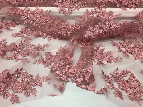 Sequin Lace Fabric With Embroideries On Mesh - 100 Percent Polyester Fabric, Double Scalloped Floral Lace, 51" Width (1 Yard)