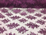 Sequin Lace Fabric With Embroideries On Mesh - 100 Percent Polyester Fabric, Double Scalloped Floral Lace, 51" Width (1 Yard)