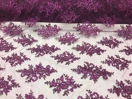 Sequin Lace Fabric With Embroideries On Mesh - 100 Percent Polyester Fabric, Double Scalloped Floral Lace, 51" Width (1 Yard)