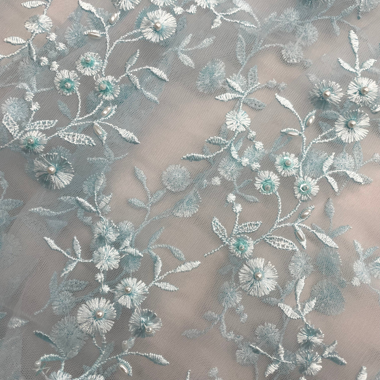 Beaded Lace Fabric Embroidered On 100 Percent Polyester Net Mesh Fabric - Lime Green, Lt. Blue, Orange, 54" Width (1 Yard)