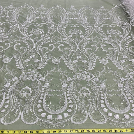 Beaded Lace Fabric on Polyester Net Mesh