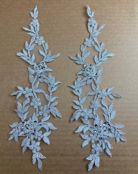 Beaded Corded Floral Lace Applique on Polyester Net Mesh