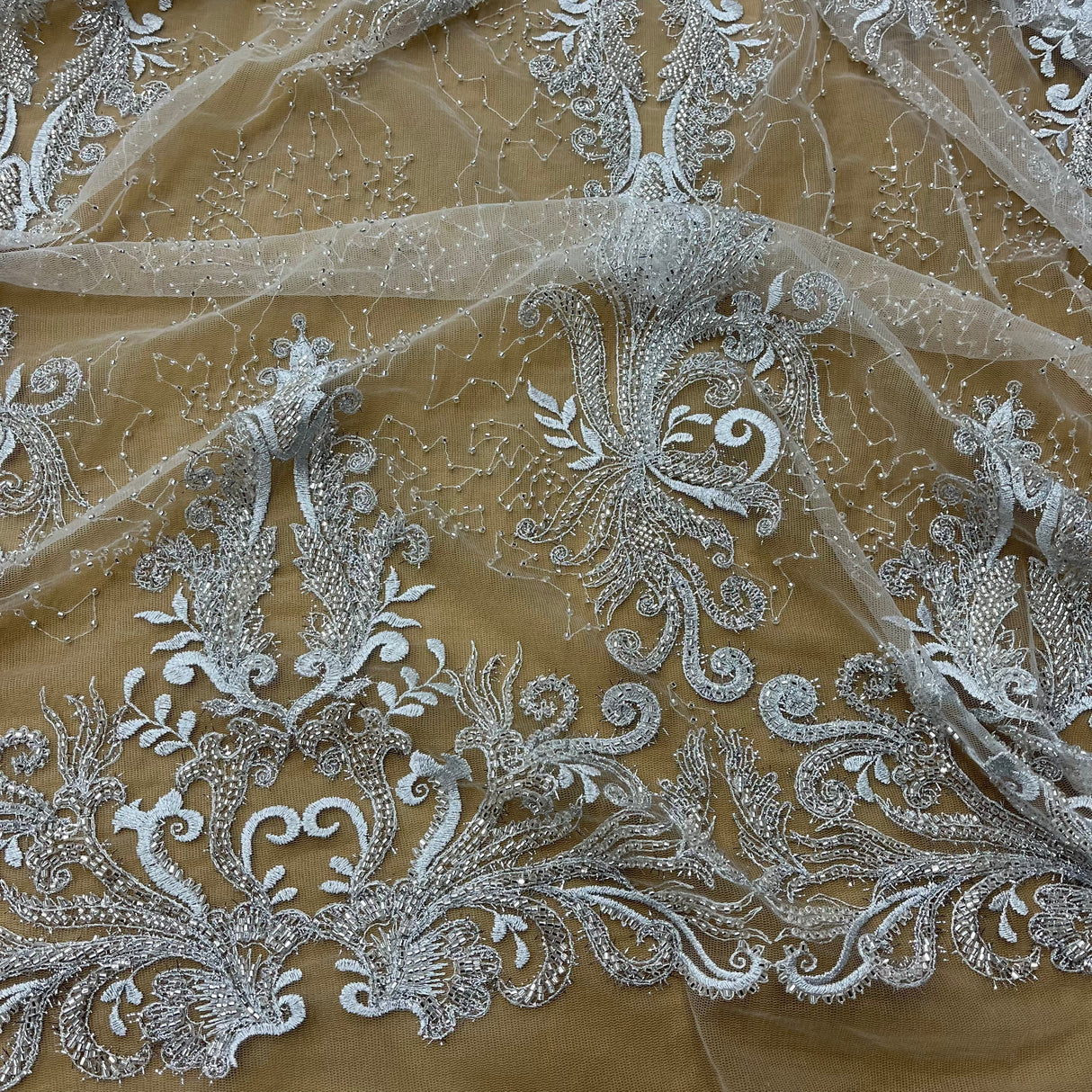 Beaded Lace Fabric Embroidered on Polyester Net Mesh