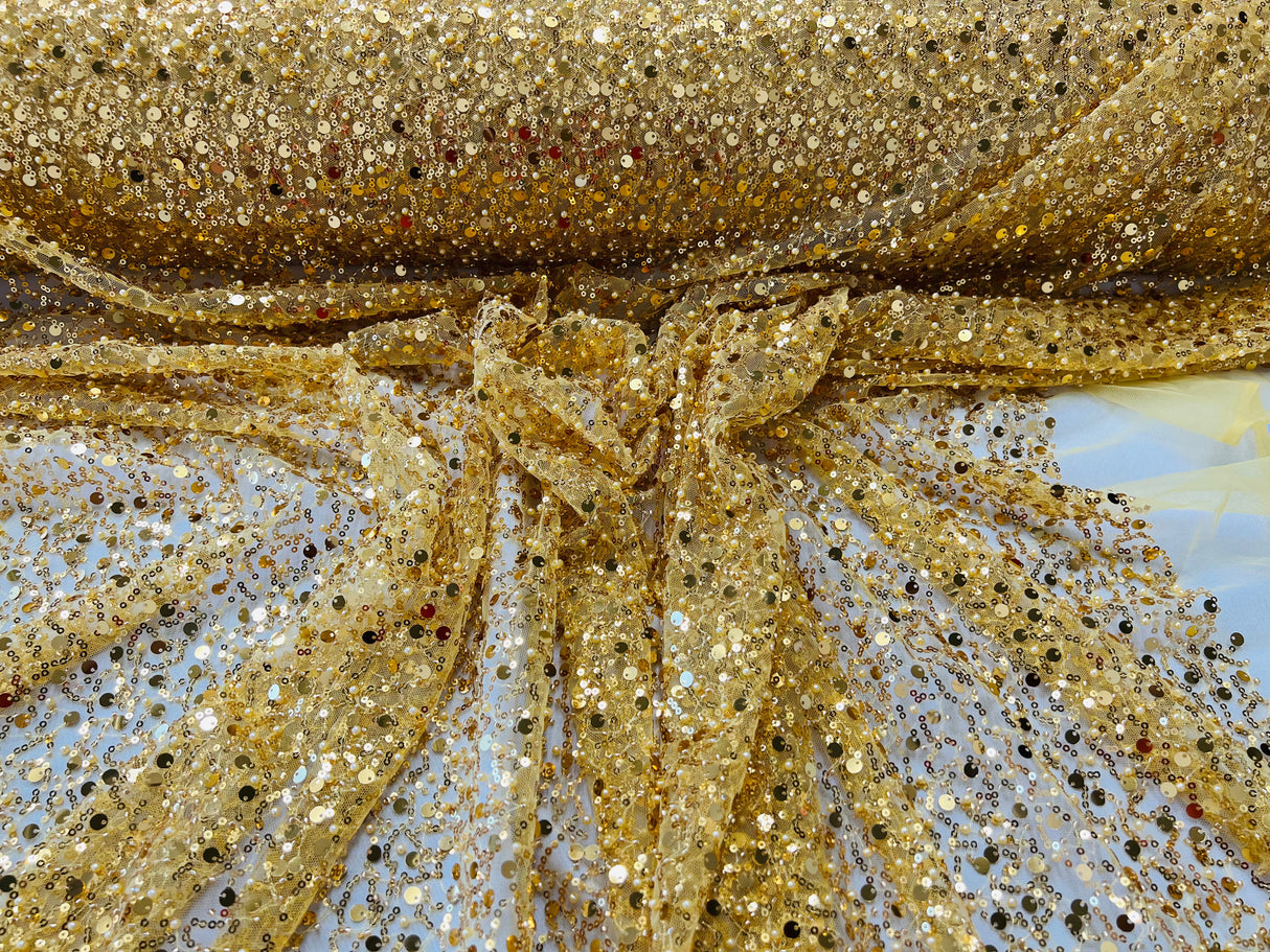 All Over Beaded Lace Polyester Fabric - Beaded, Sequins, Pearls, Mesh Lace, 54" Width (1 Yard)