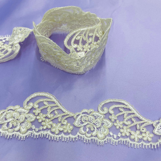 Corded Lace Trimming Embroidered Polyester Net Mesh 3"