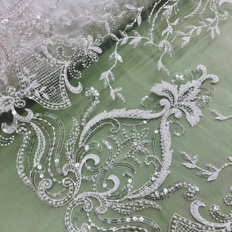 Beaded Lace Fabric - Embroidered Polyester Net Mesh, White, Ivory, Antique Silver, 51" Width (1 Yard)