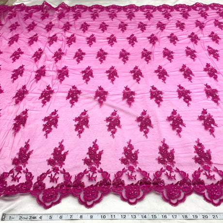 1 Yard - Beaded & Corded Lace Fabric Embroidered on 100% Polyester Net Mesh - Ivory - 53"