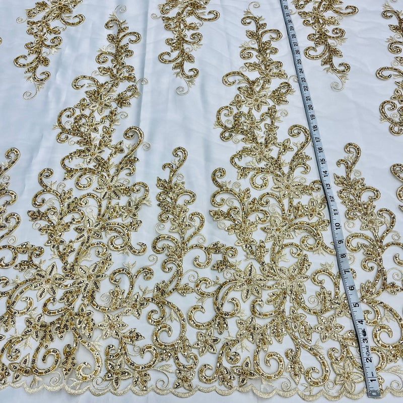 1 Yard Beaded and Corded Bridal Lace Fabric Embroidered on Polyester Net Mesh 51 inch Width