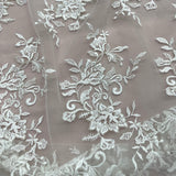 1 Yard - Corded Bridal Lace Fabric Embroidered on 100% Polyester Net Mesh Ivory with Silver - 53"