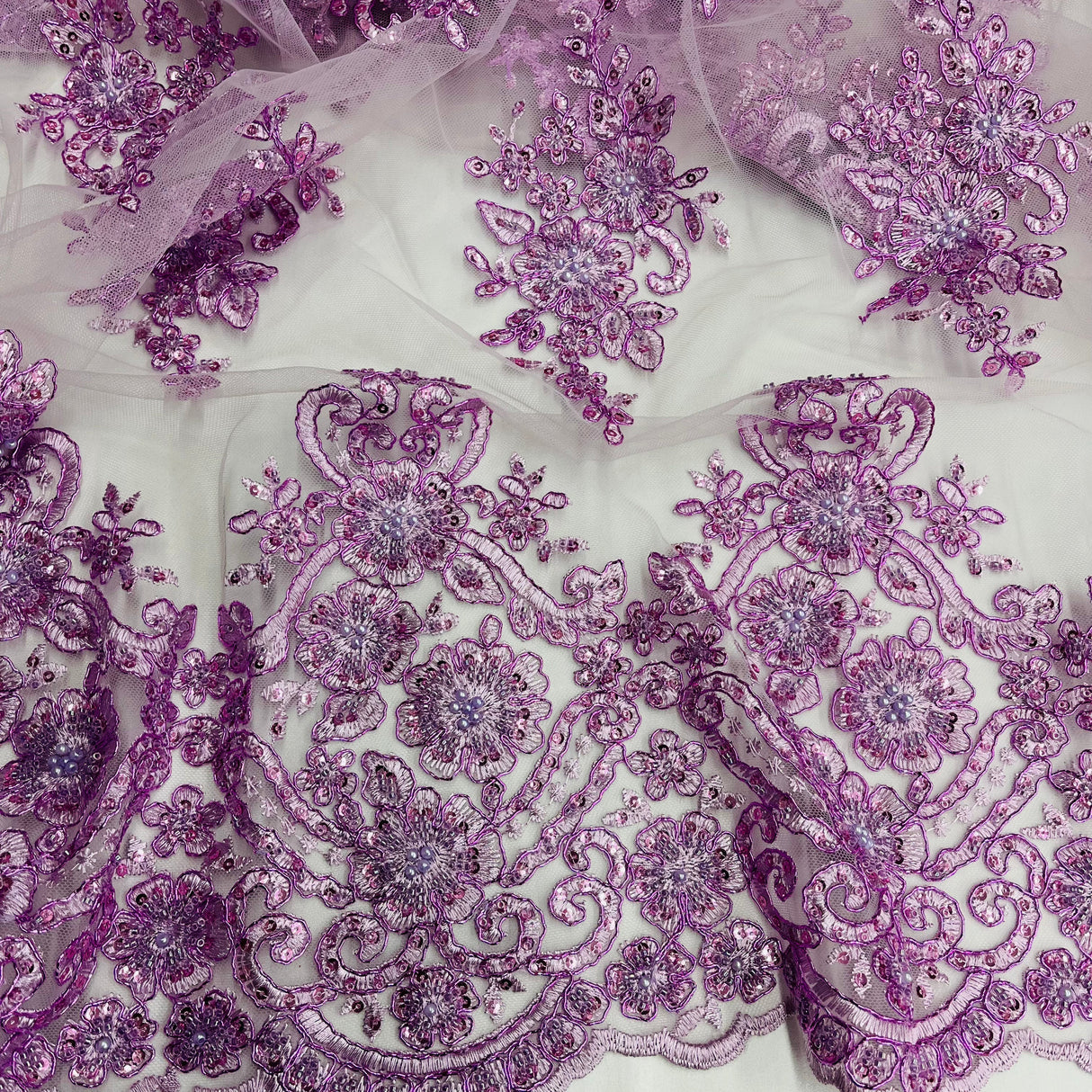 Beaded Corded Lace Fabric - Scalloped Embroidered Metallic Lace, 54" Width (1 Yard)