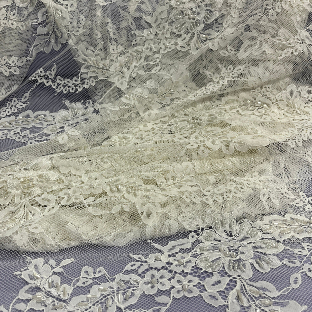 Beaded Chantilly Lace Fabric with Eyelash Scallop, Off White, 3 Yards x 56"