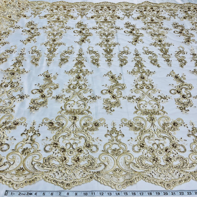 Beaded Corded Bridal Lace Fabric on Polyester Net Mesh