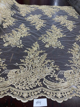 Beaded Corded Bridal Lace Fabric - Embroidered Polyester Net Mesh, 50" Width, Gold, Silver, Ivory, White (1 Yard)