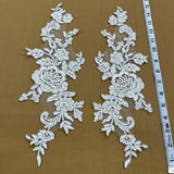 1 Pair 15" x 3.5" Beaded & Corded Floral Lace Applique Embroidered on 100% Polyester Net Mesh