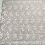 1 Yard - Corded Bridal Lace Fabric Embroidered on 100% Polyester Net Mesh Ivory with Silver - 53"